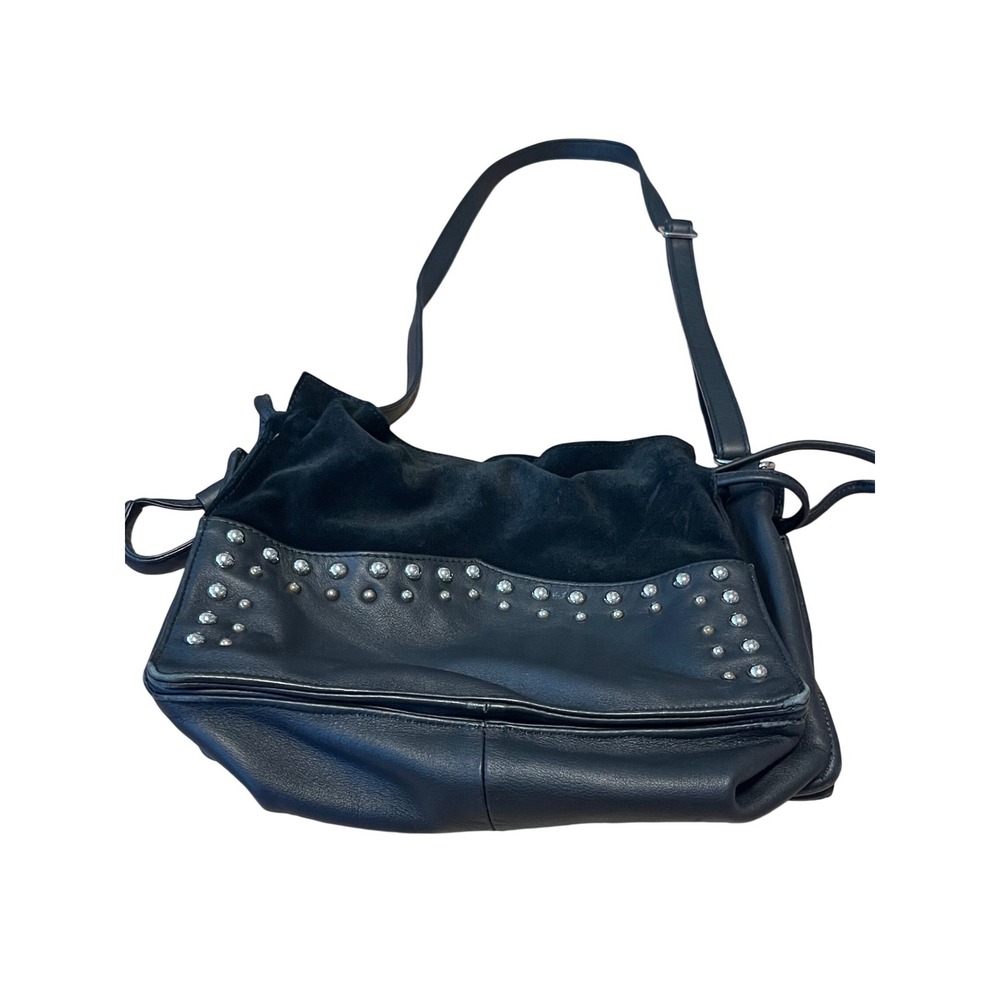 Understated Leather Black Suede Studded Crossbody Bag Western Silver Studs I08